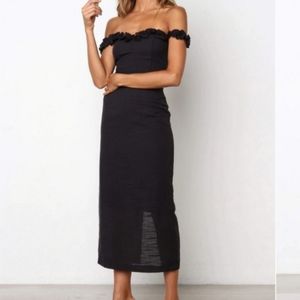 Petal & Pup Black Florez Off the Shoulder Cotton Fitted Sheath Midi Dress 6US